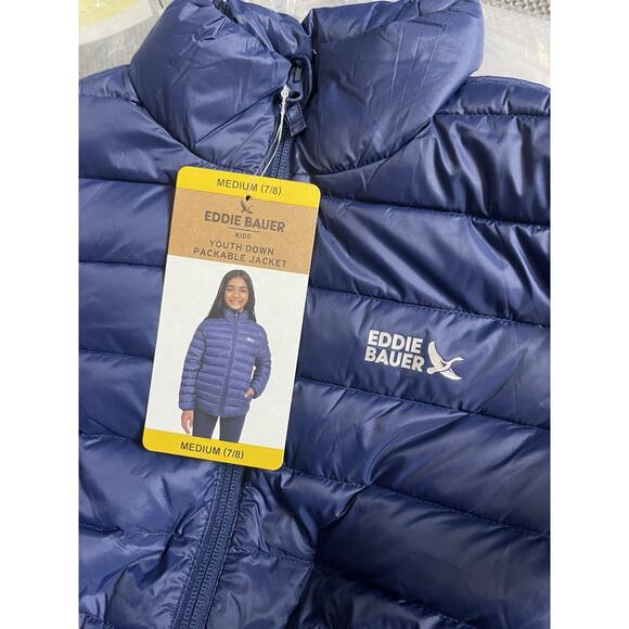 Eddie Bauer Girls Youth Down Packable Lightweight Jacket Size M 7/8 Navy Blue - Picture 4 of 5